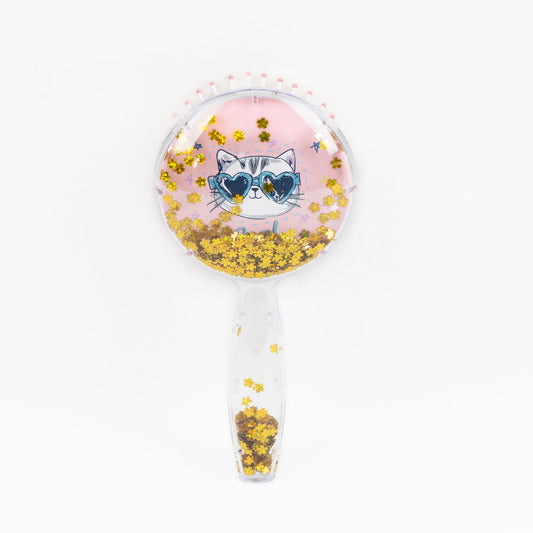Perie păr copii cu formă rotundă, transparent cu confetti - Cool Cat