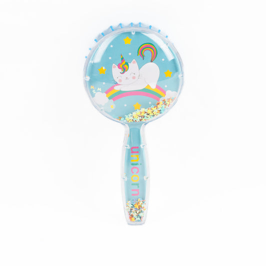 Perie păr copii cu formă rotundă, transparent cu confetti - Pisicuta Unicorn