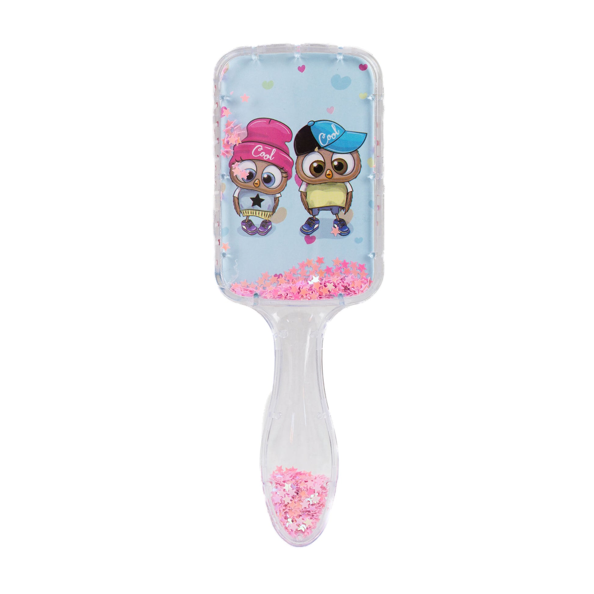 Perie păr copii pătrată, transparent cu confetti - Bufnite Cool
