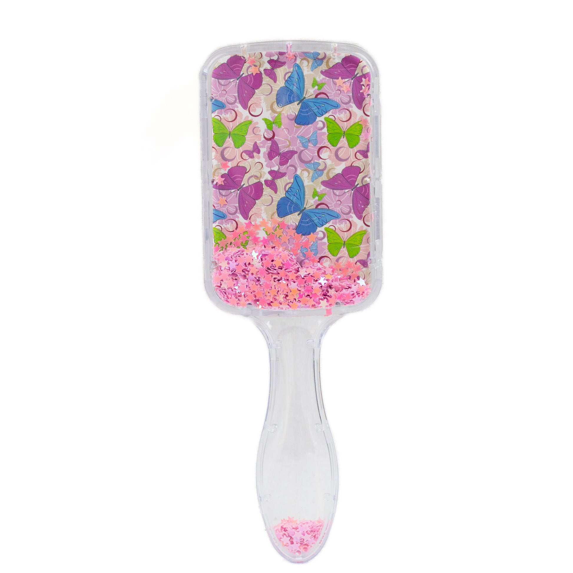 Perie păr copii pătrată, transparent cu confetti - Butterfly Fantasy 1
