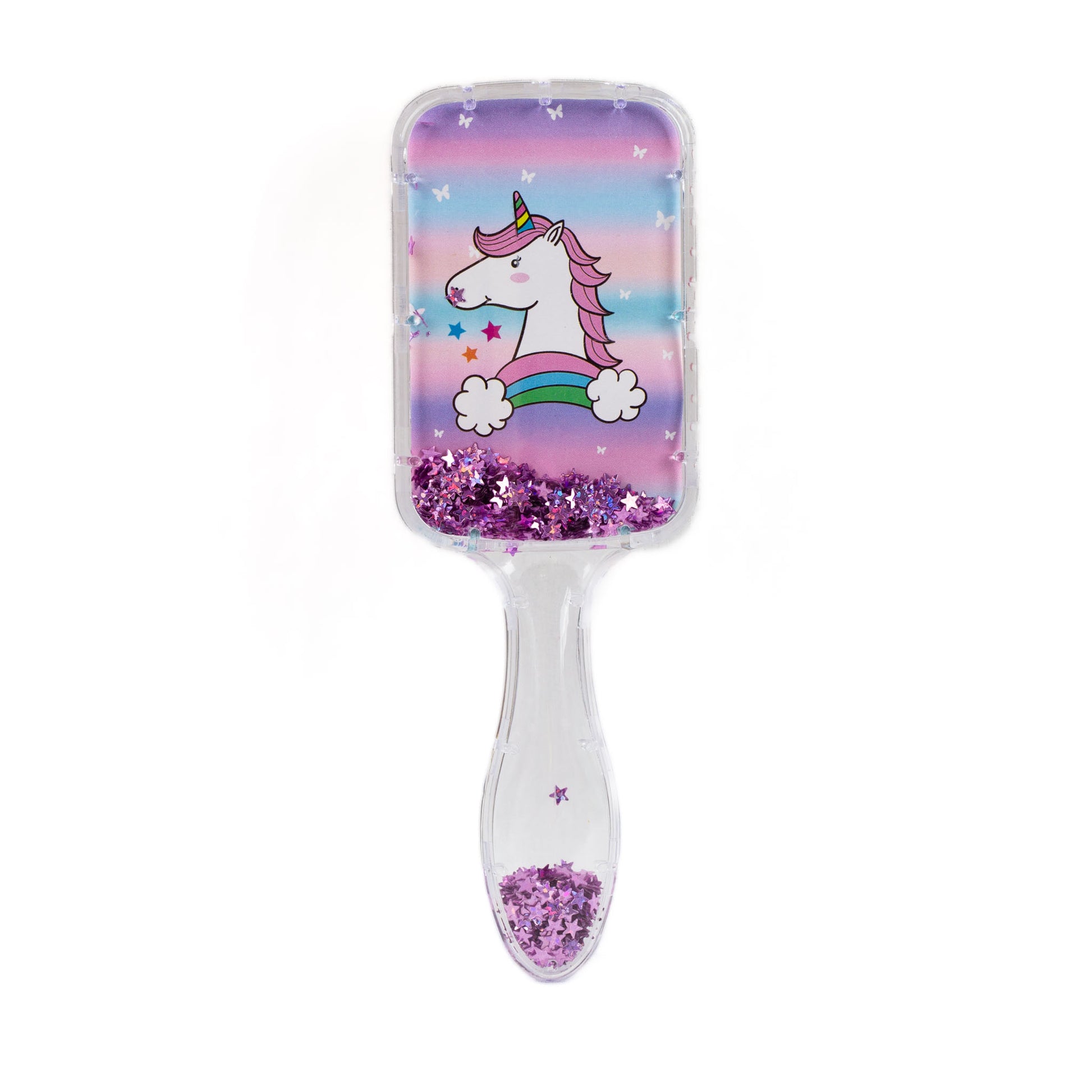 Perie păr copii pătrată, transparent cu confetti - Iarasi Unicorn