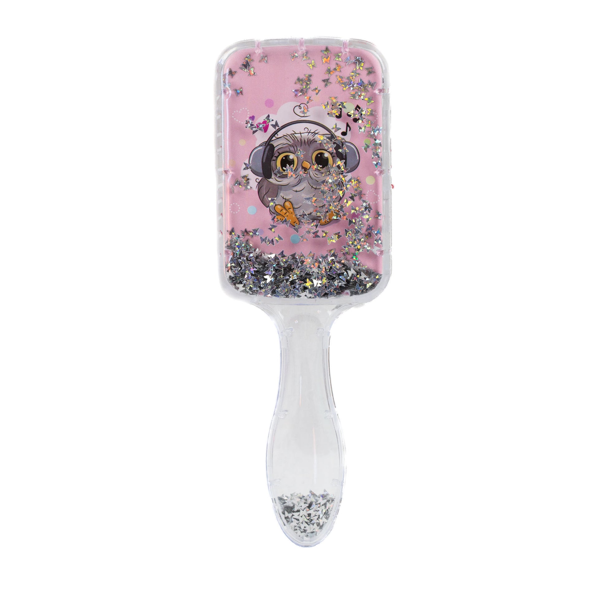Perie păr copii pătrată, transparent cu confetti - Music Owl