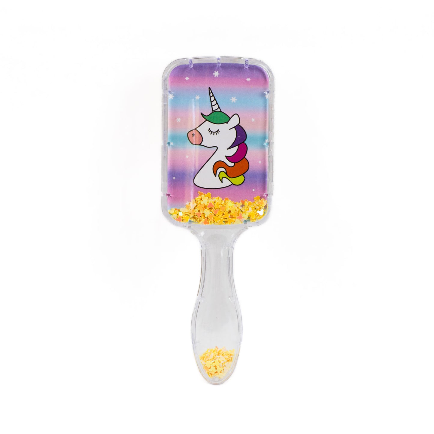 Perie păr copii pătrată, transparent cu confetti - Unicorn Profil