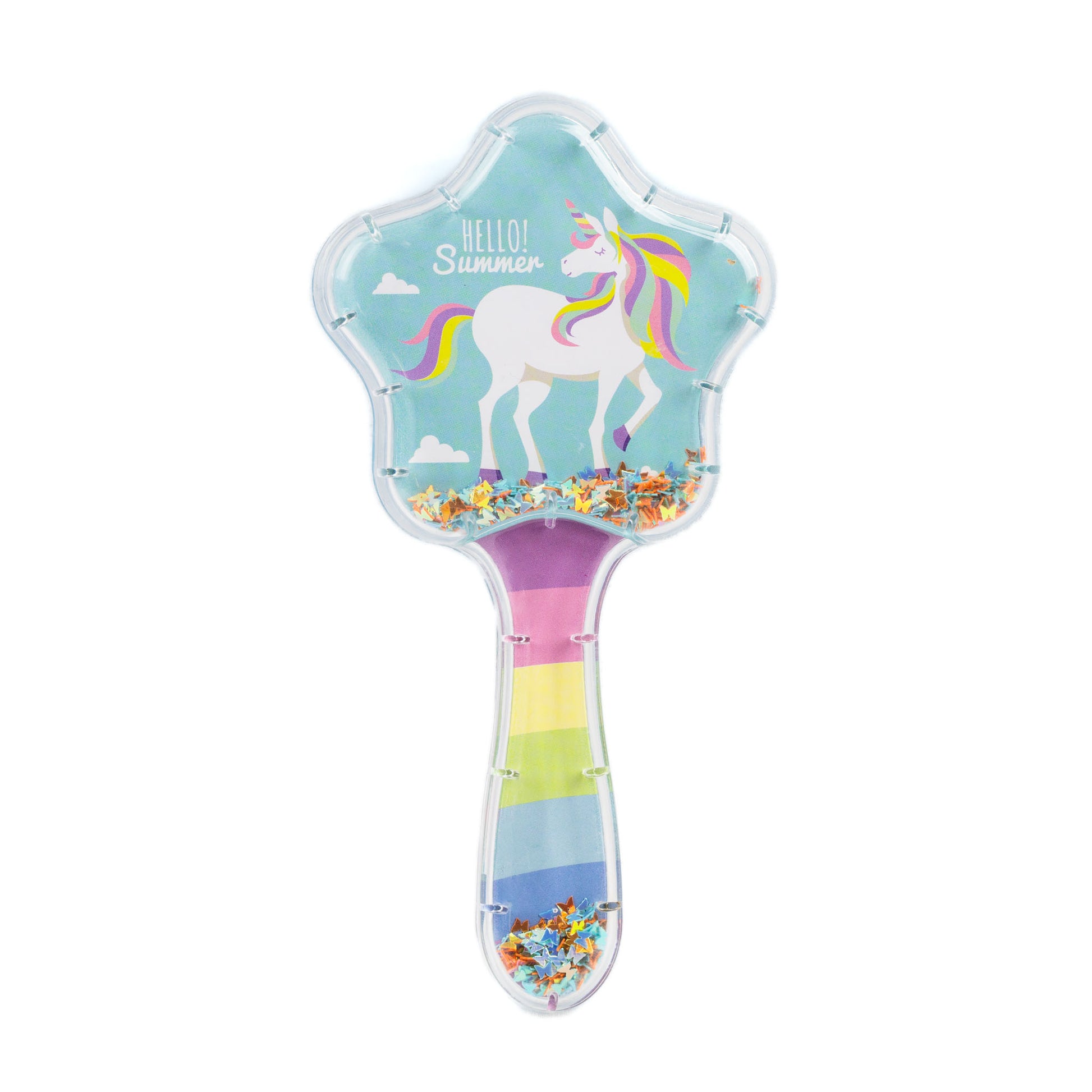 Perie pentru descurcat părul copii cu formă de stea, transparent cu confetti - Summer Unicorn