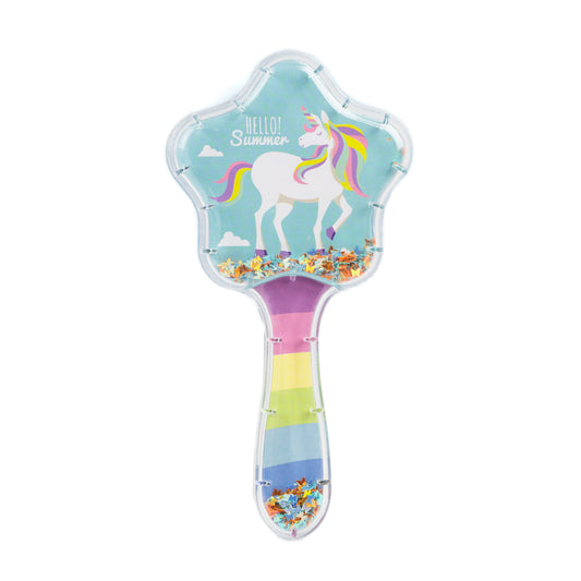 Perie pentru descurcat părul copii cu formă de stea, transparent cu confetti - Summer Unicorn