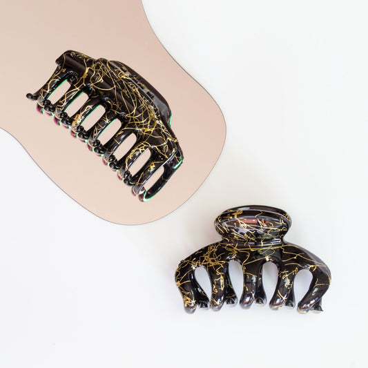 Set 2 clame păr cu accente aurii, textură lucioasă - Negru