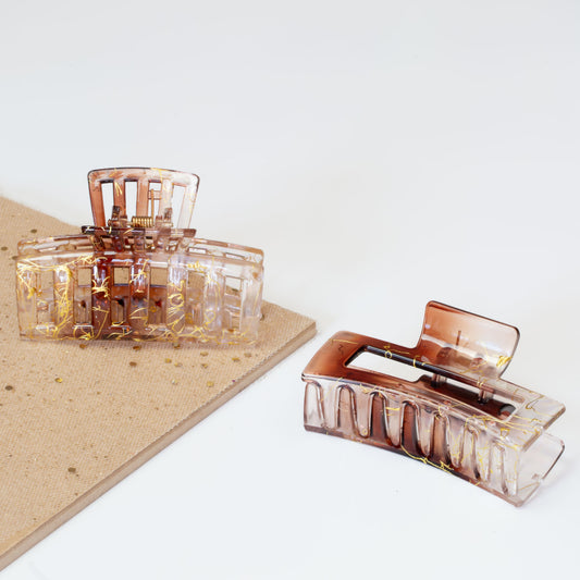 Set 2 clame păr mari dreptunghiulare cu accente aurii, textură translucidă - Caramel