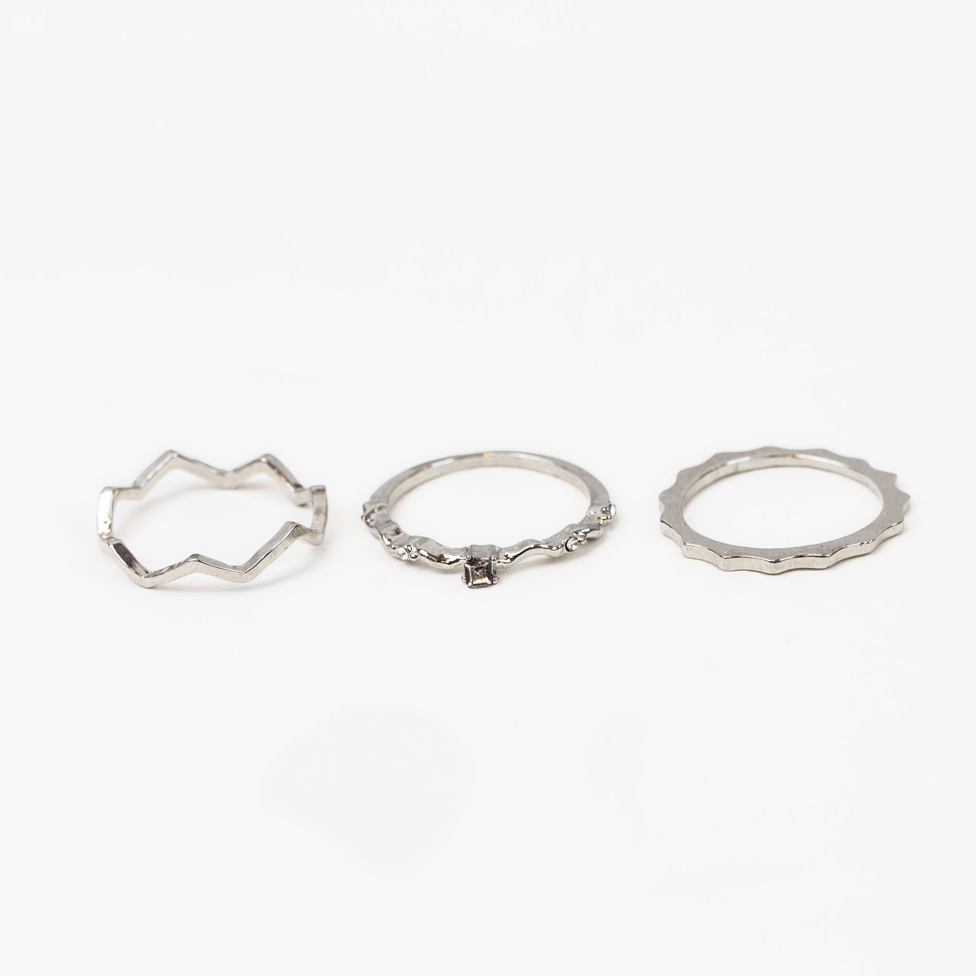 Set 3 inele subțiri ondulate cu pietre delicate - Argintiu