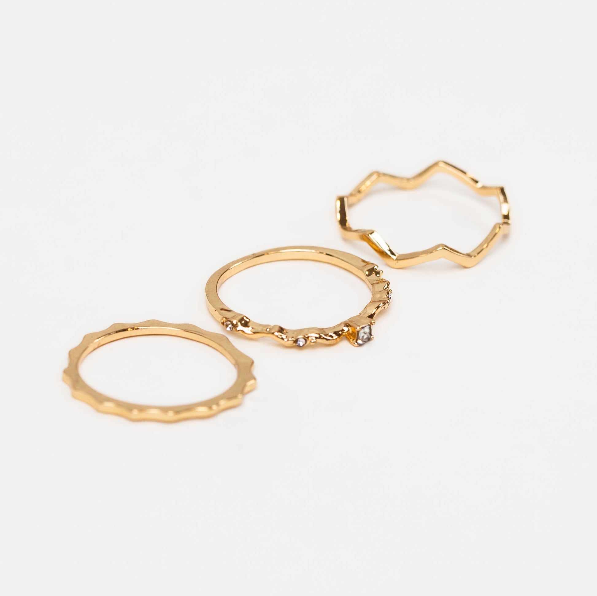 Set 3 inele subțiri ondulate cu pietre delicate - Auriu