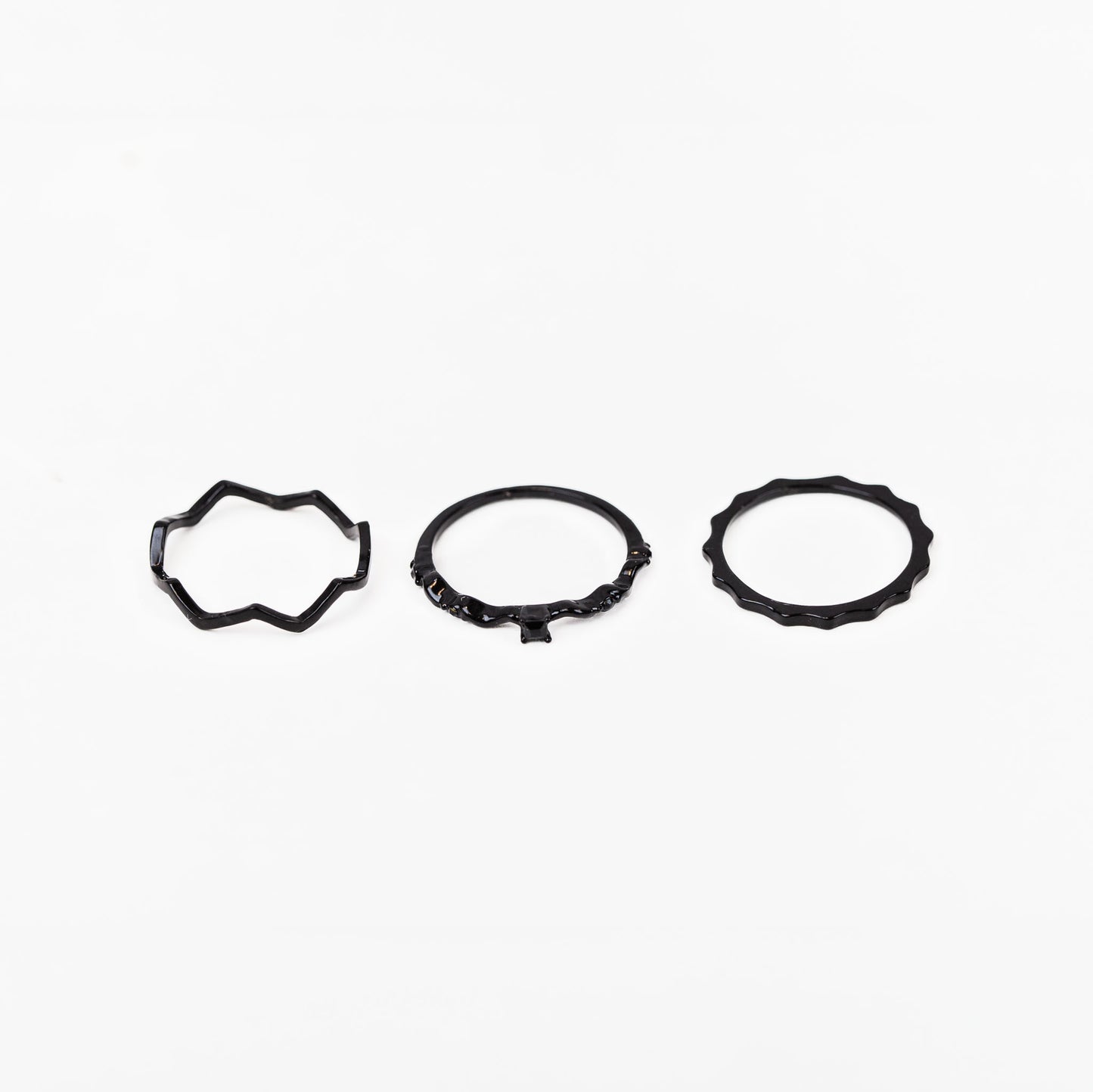 Set 3 inele subțiri ondulate cu pietre delicate - Negru