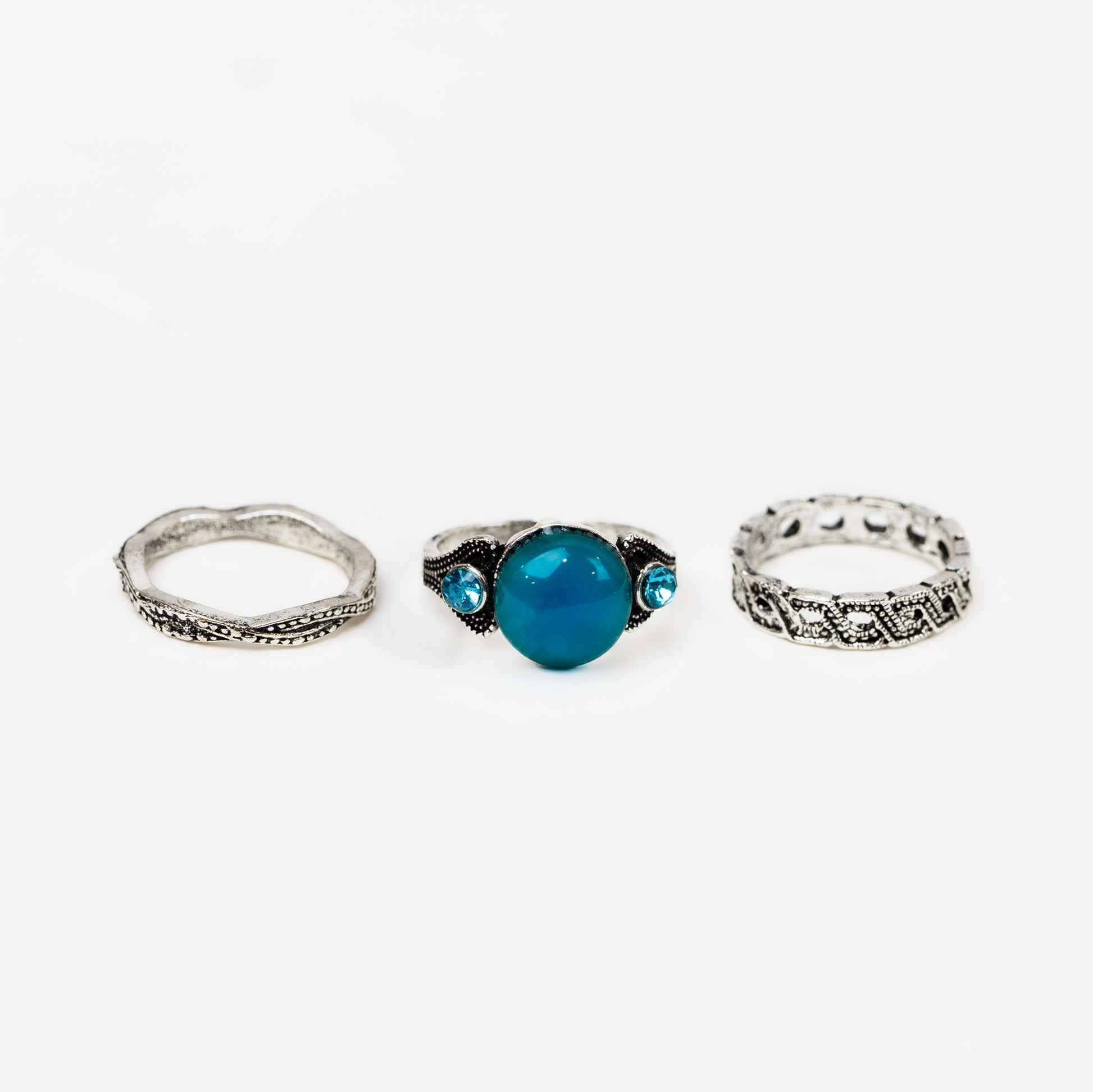 Set 3 inele vintage argintii cu pietre albastre