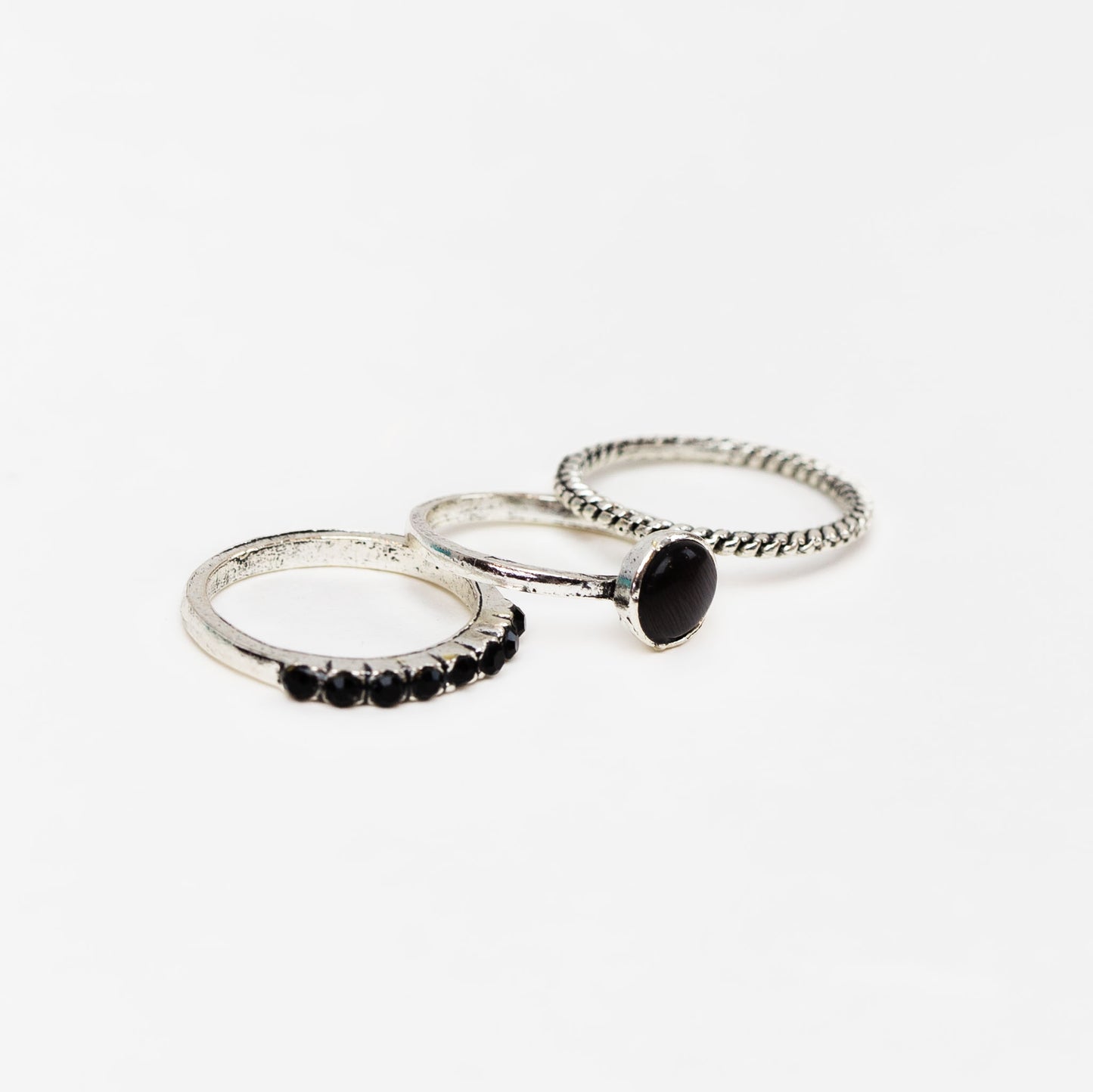 Set 3 inele vintage subțiri cu pietre - Negru, Argintiu