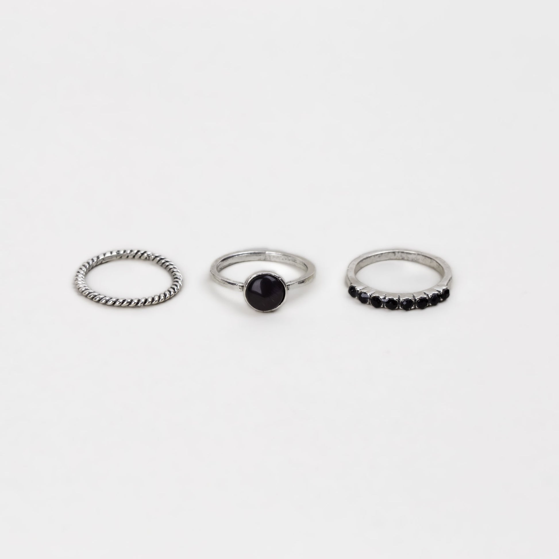 Set 3 inele vintage subțiri cu pietre - Negru, Argintiu