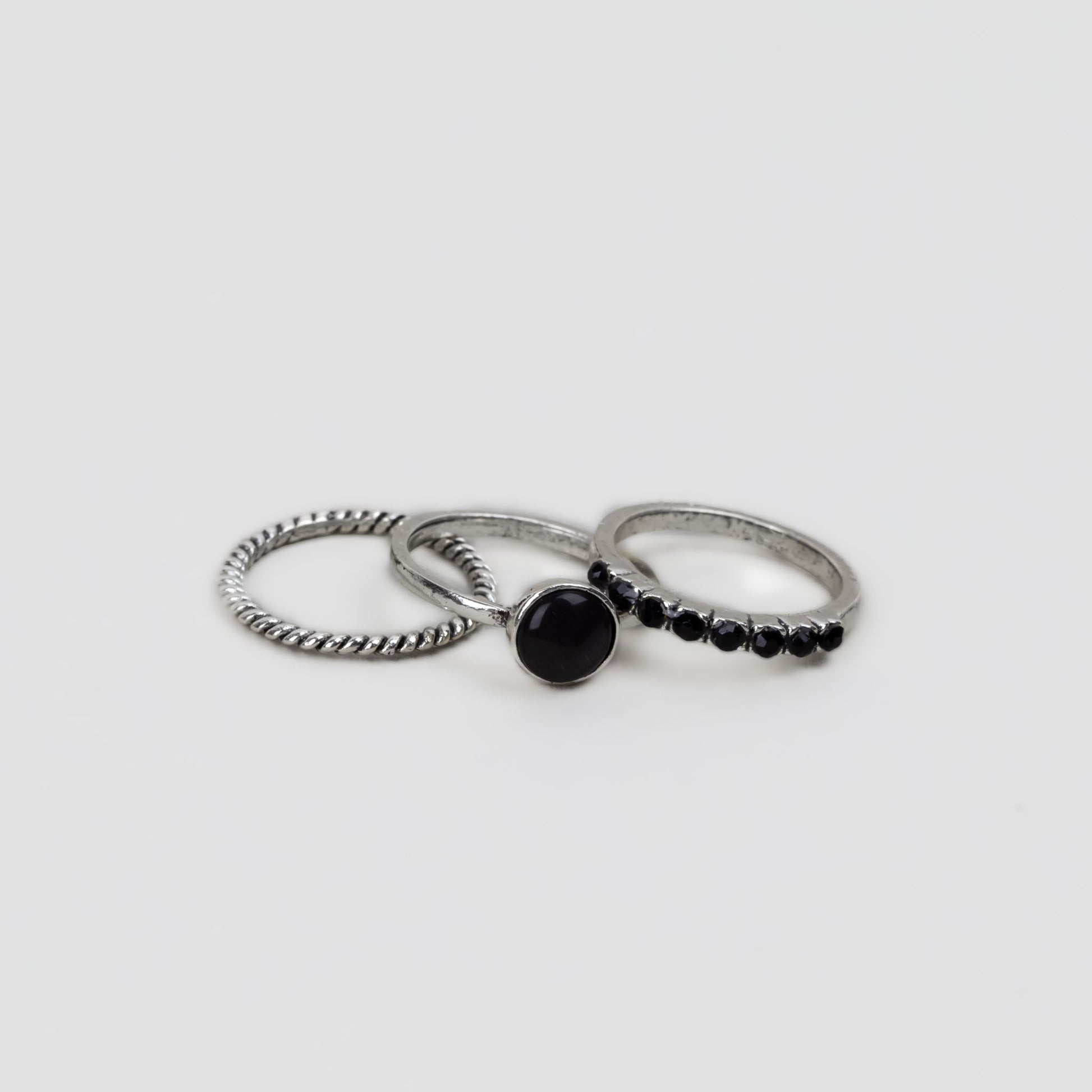 Set 3 inele vintage subțiri cu pietre - Negru, Argintiu