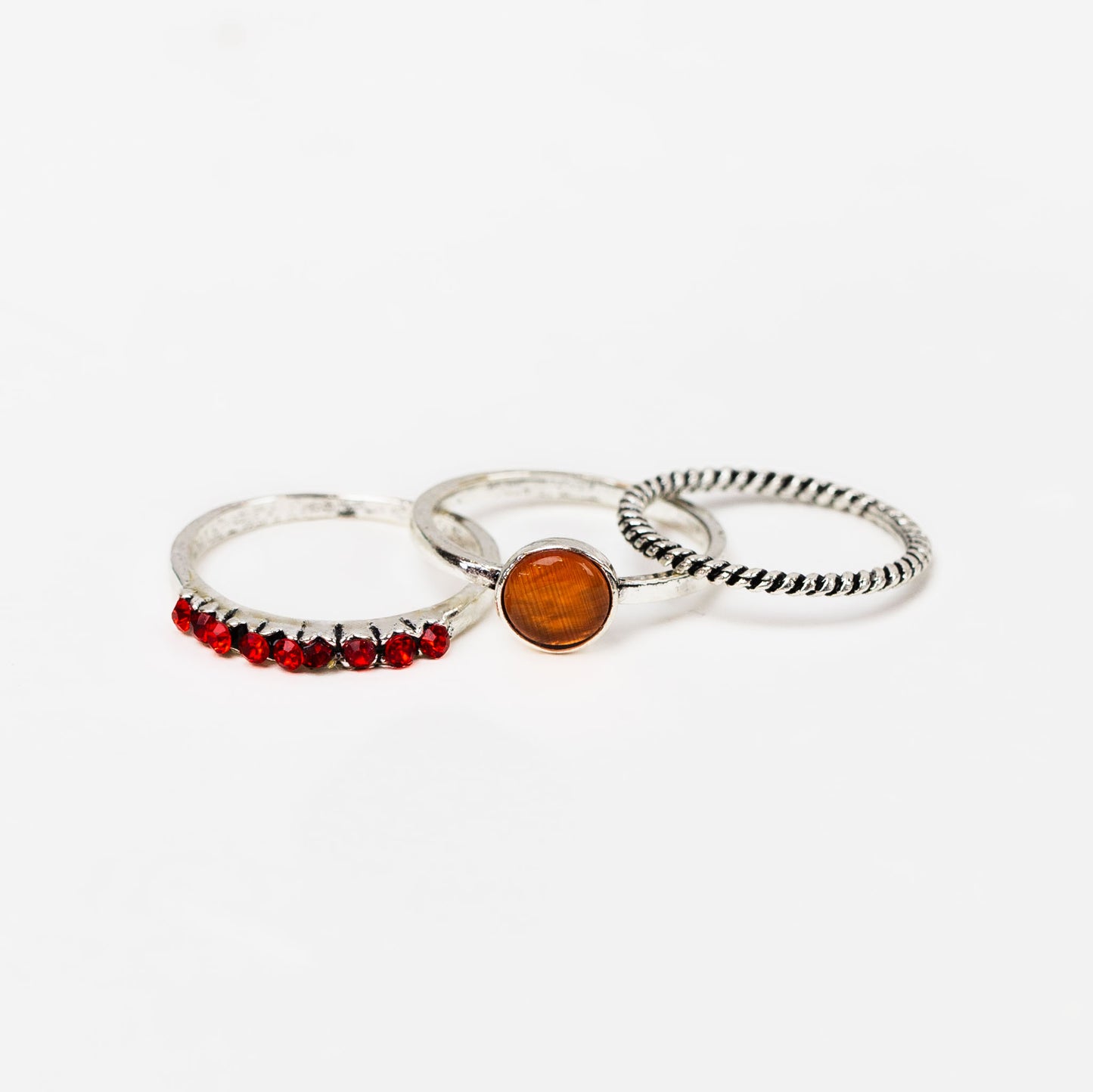 Set 3 inele vintage subțiri cu pietre - Rosu, Argintiu