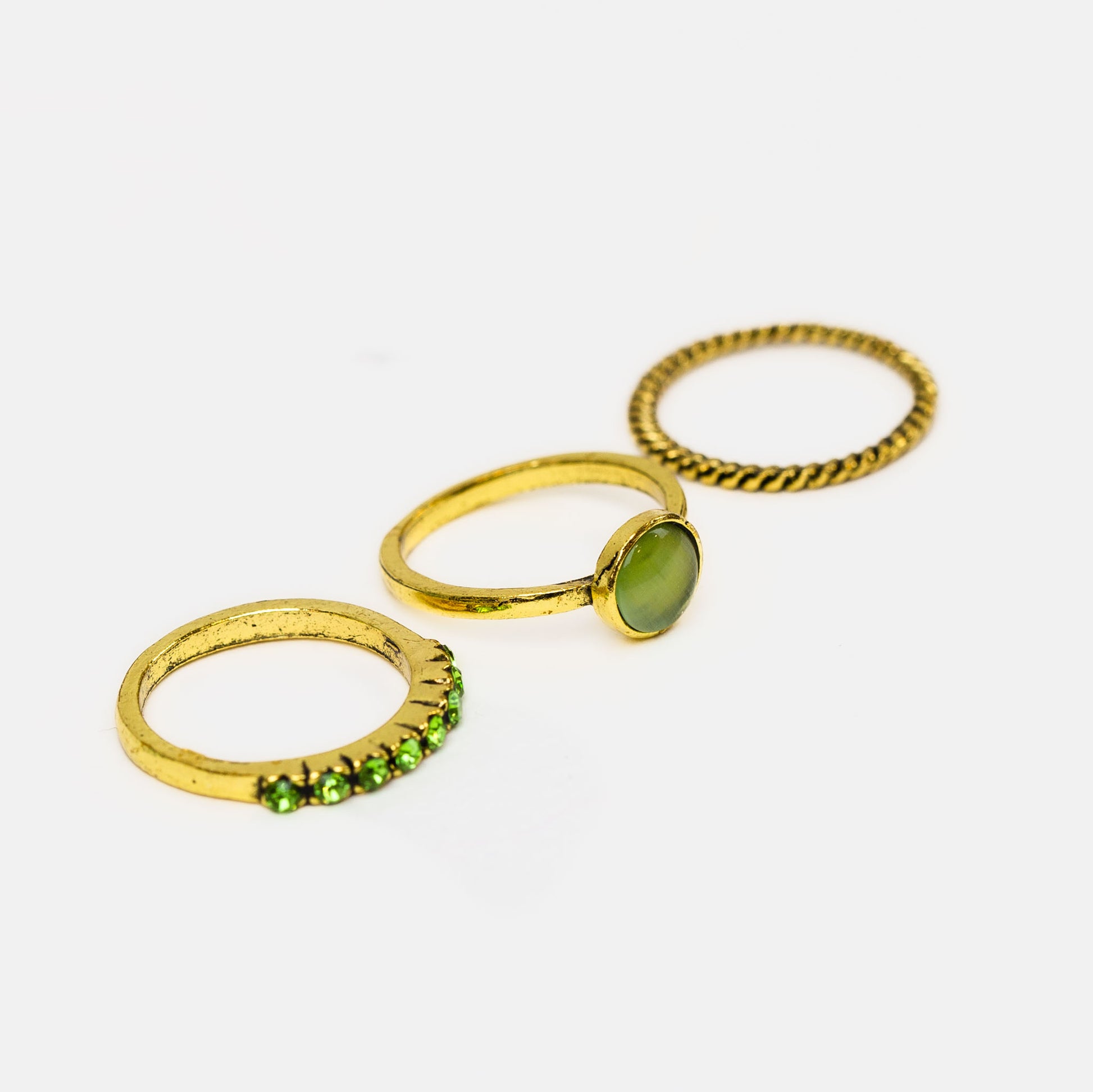 Set 3 inele vintage subțiri cu pietre - Verde, Auriu
