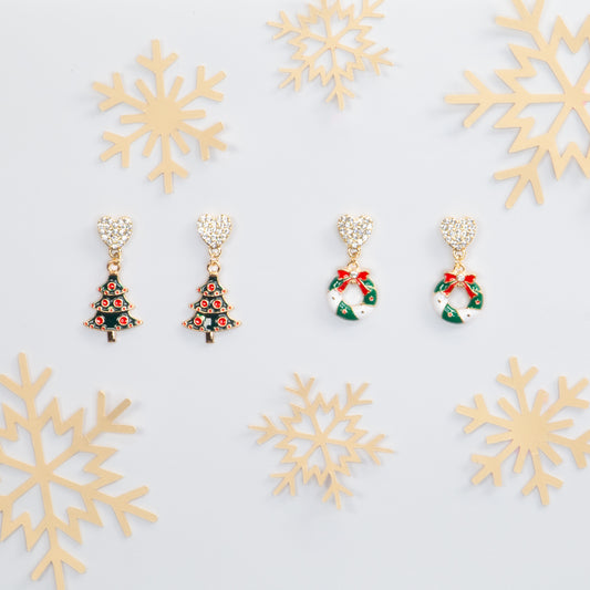 Set cercei cu motive de Crăciun Magic Duo, 2 perechi - Verde, Roșu