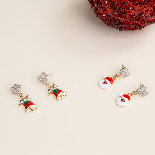 Set cercei cu motive de Crăciun Santa Bell, 2 perechi - Alb, Roșu