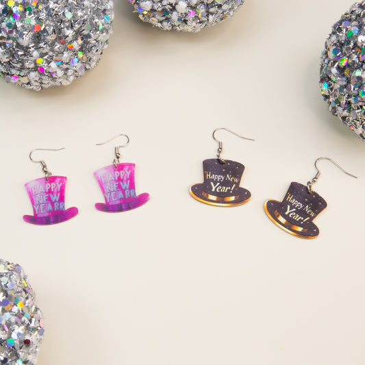 Set cercei cu motive de Revelion Happy New Year Hats, 2 perechi - Negru, Roz