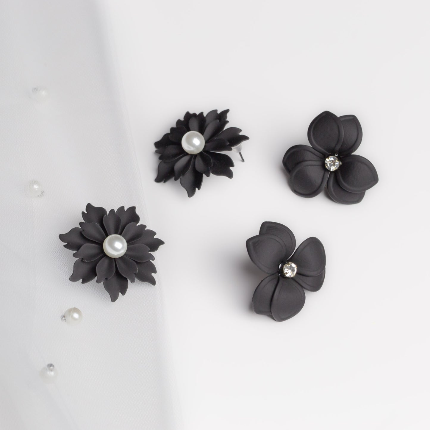 Set cercei floare azalea & dahlia cu textură de silicon, 2 perechi - Negru