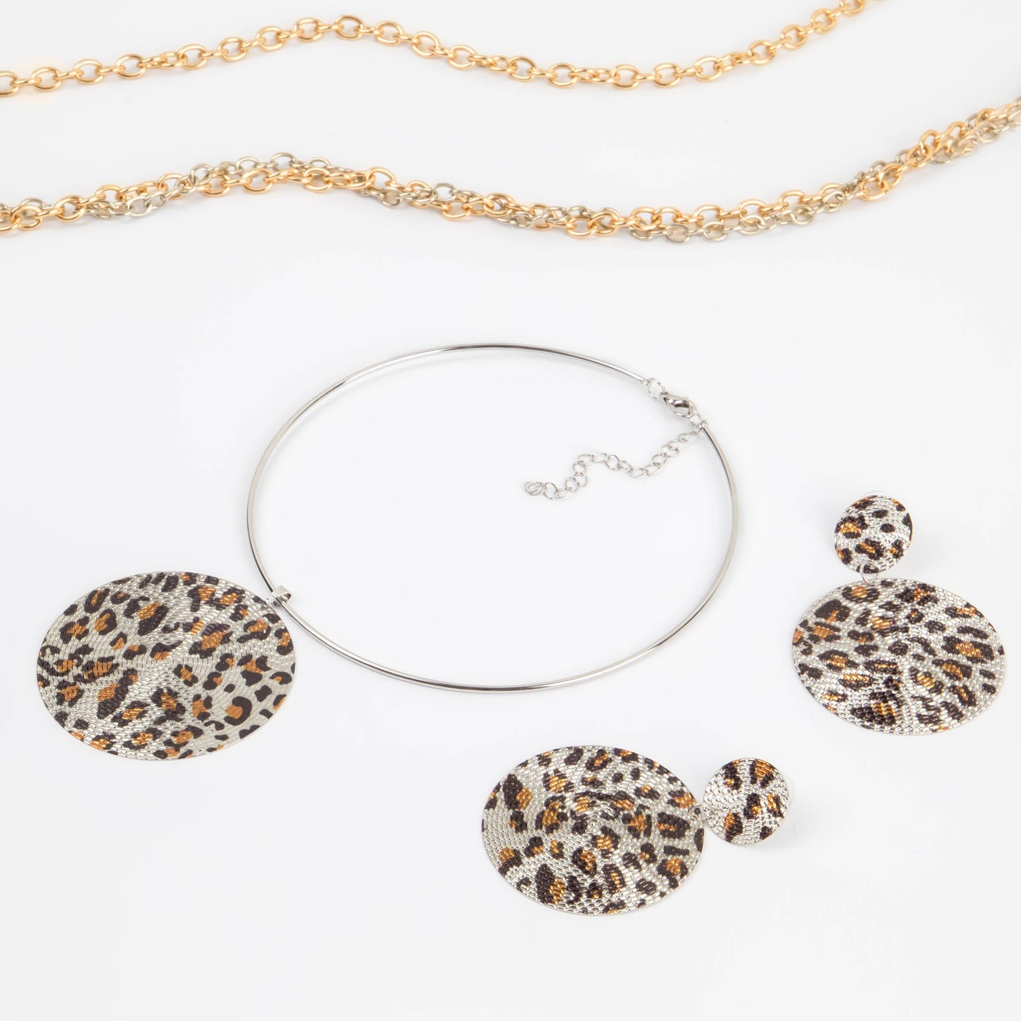 Set colier cercei cu cercuri mari și animal print - Argintiu