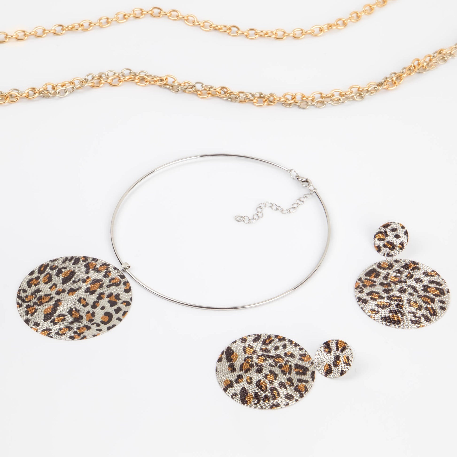 Set colier cercei cu cercuri mari și animal print - Argintiu