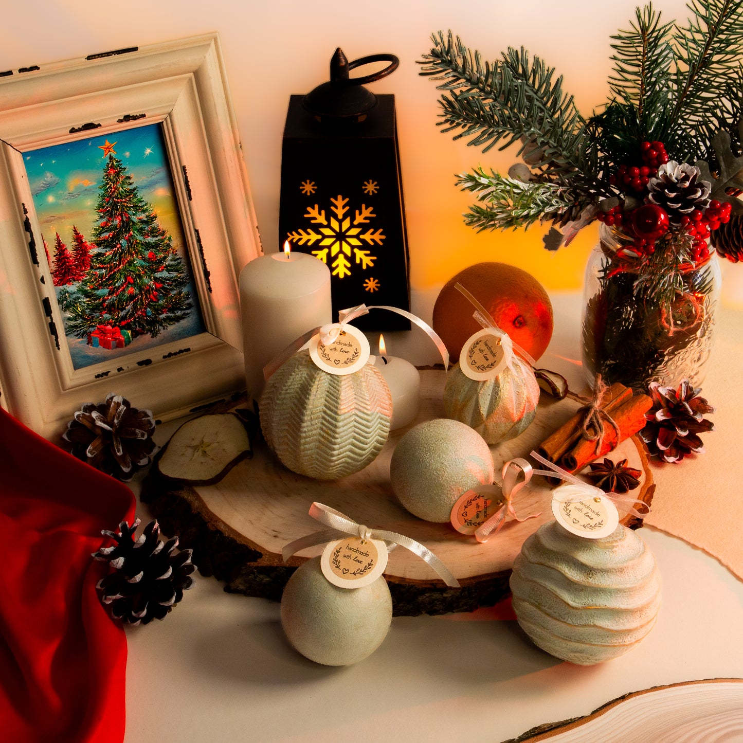 Set globuri handmade de Crăciun, cu finisaj vintage, diverse dimensiuni, 5 bucăți - Emerald Evening